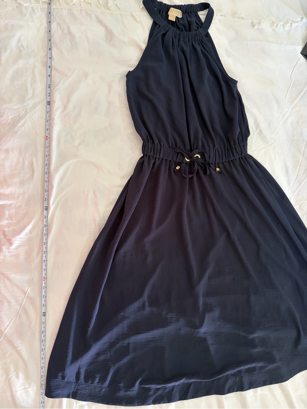Michael Kors Navy Halter Midi Dress with Drawstring Waist